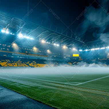 Estádio de futebol modernizado cheio de fumaça e iluminado por luzes