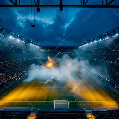 Estádio de futebol modernizado cheio de fumaça e iluminado por luzes