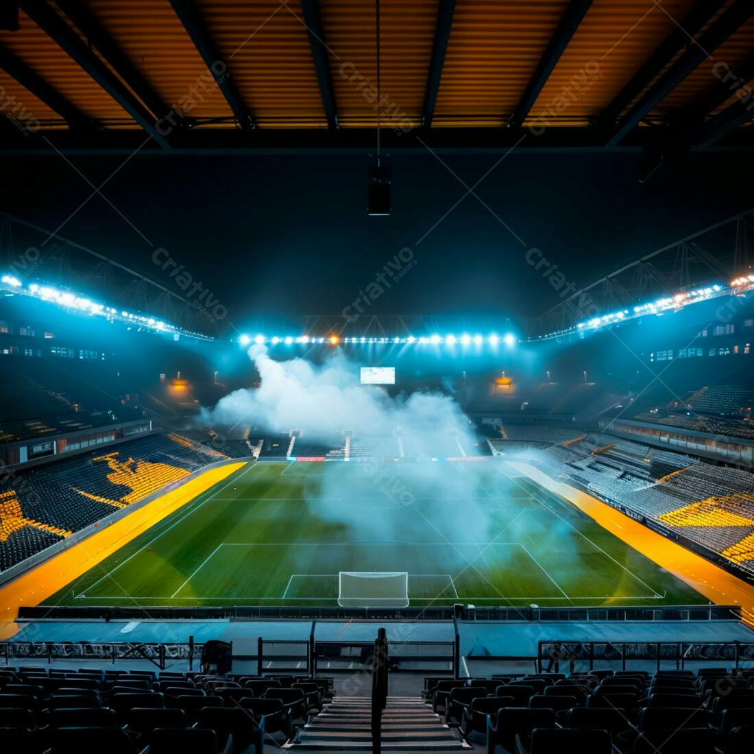Estádio de futebol noturno com fumaça