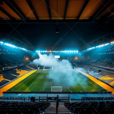 Estádio de futebol modernizado cheio de fumaça e iluminado por luzes