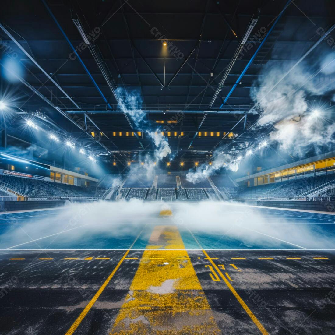 Estádio vazio com fumaça azul e iluminação dramática