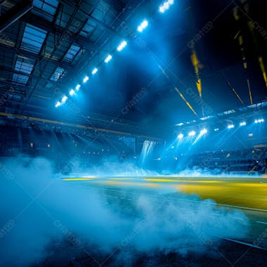 Estádio de futebol modernizado cheio de fumaça e iluminado por luzes