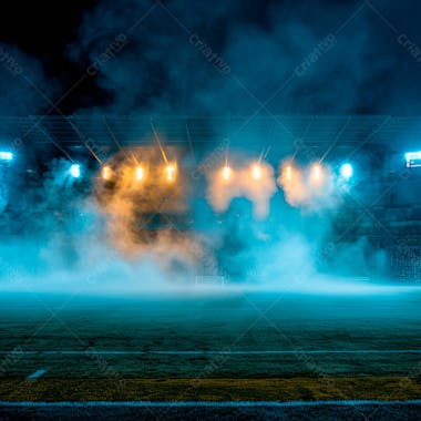 Estádio de futebol modernizado cheio de fumaça e iluminado por luzes