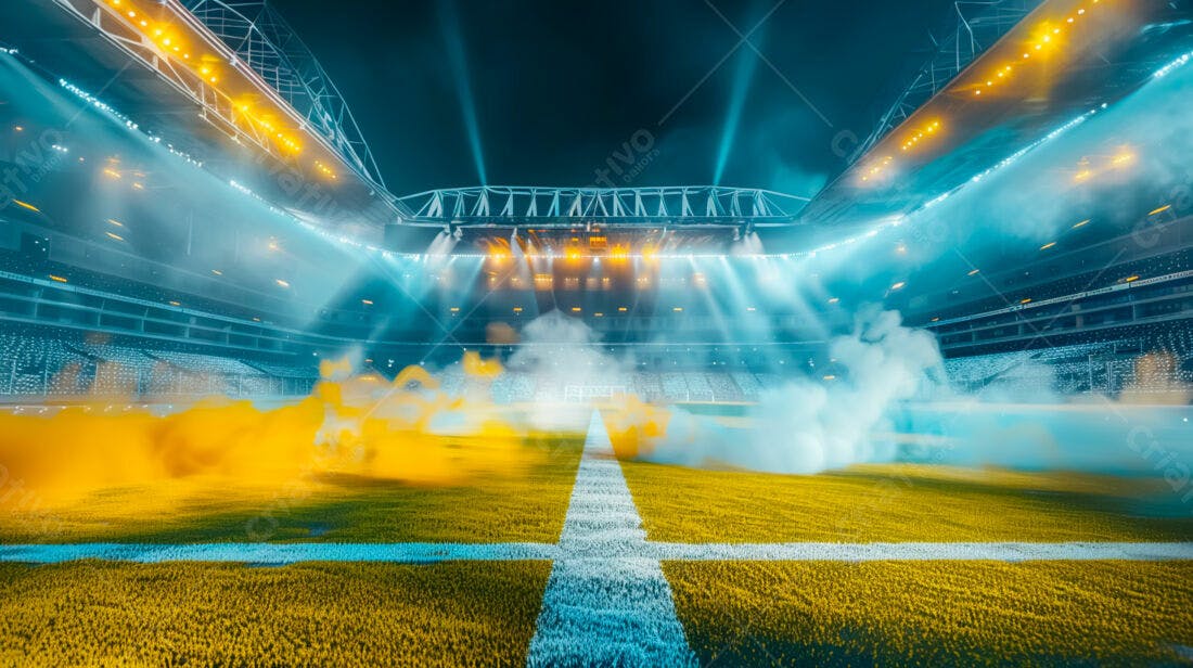 Estádio de futebol com fumaça amarela e azul