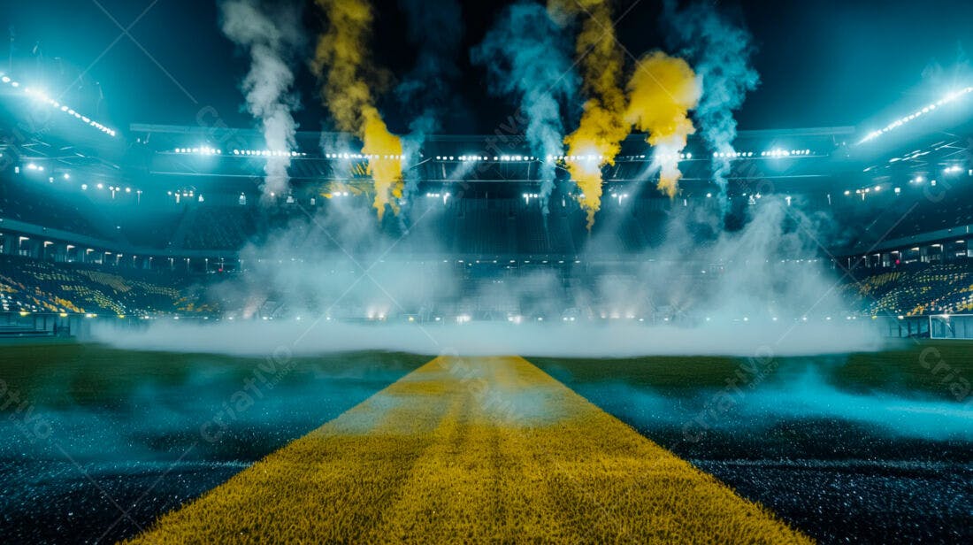 Estádio de futebol com fumaça azul e amarela
