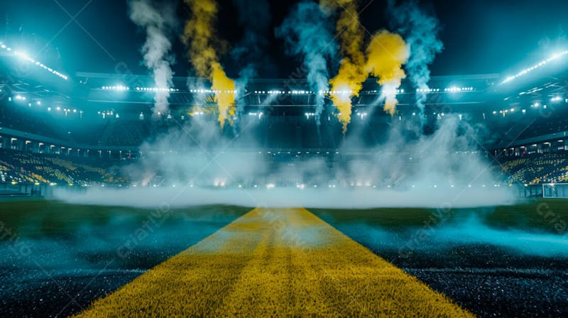 Estádio de futebol modernizado cheio de fumaça e iluminado por luzes