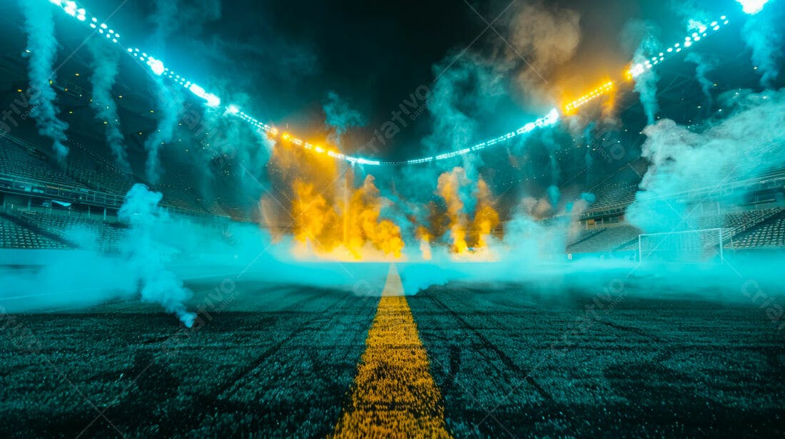 Estádio com fumaça azul e amarela