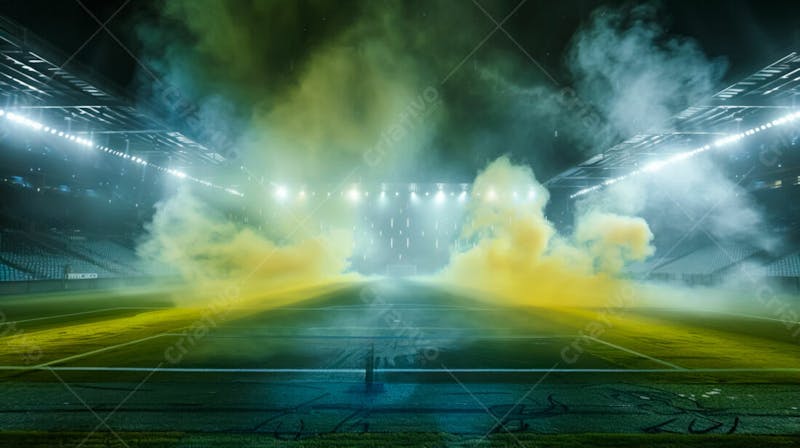 Estádio de futebol modernizado cheio de fumaça e iluminado por luzes