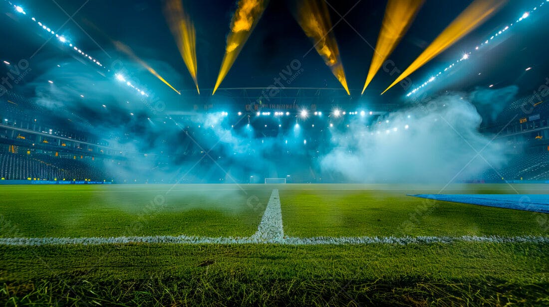 Estádio de futebol noturno com fumaça e luzes