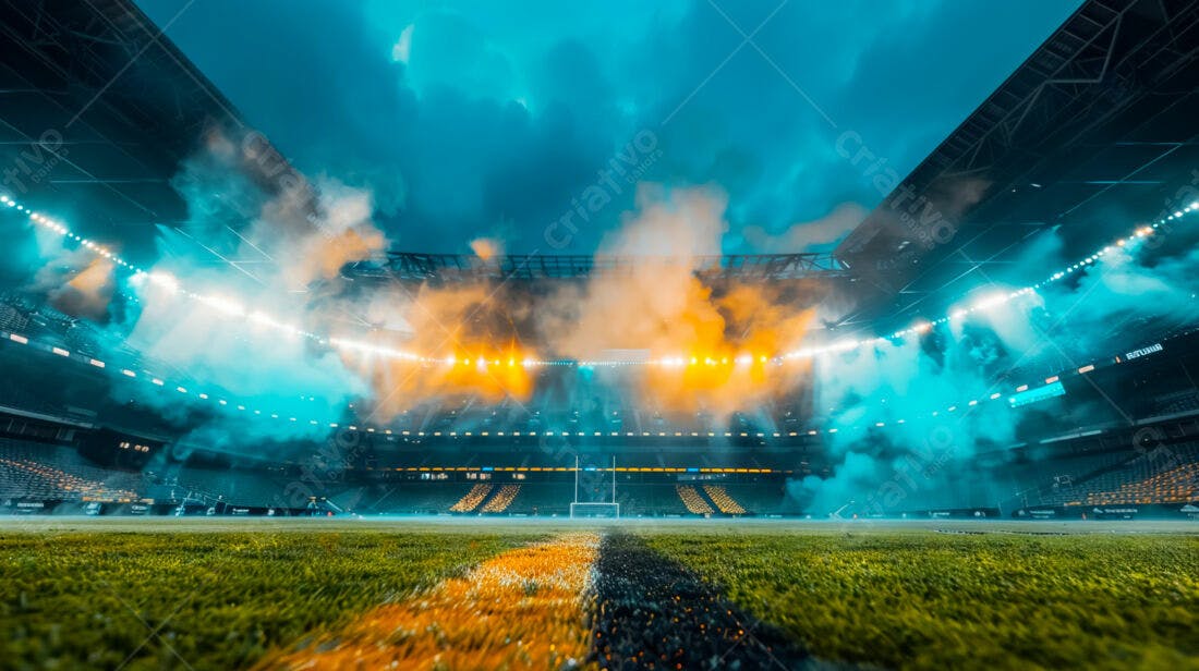 Estádio de futebol americano com fumaça azul e amarela