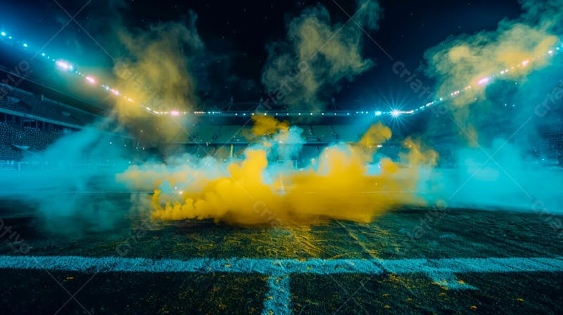 Estádio de futebol modernizado cheio de fumaça e iluminado por luzes