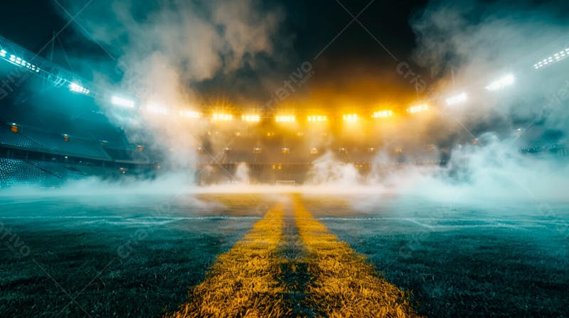 Estádio de futebol modernizado cheio de fumaça e iluminado por luzes