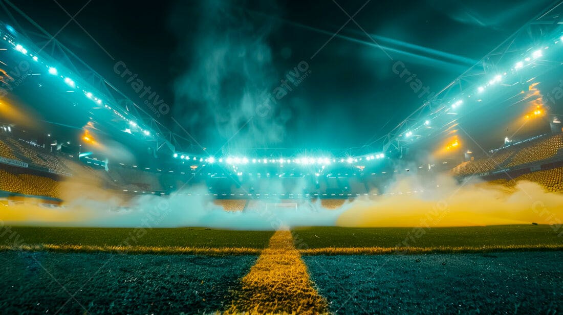 Estádio de futebol noturno com fumaça