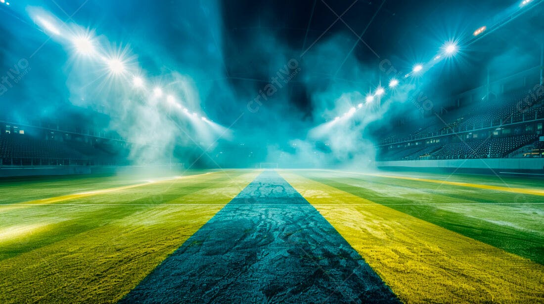 Estádio iluminado com névoa verde e azul