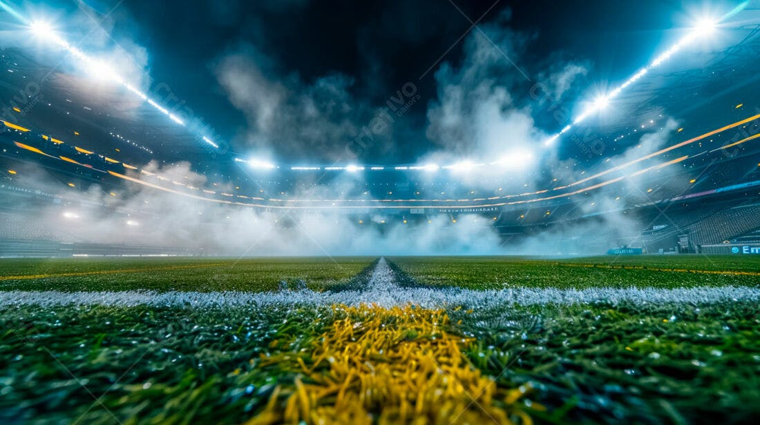 Campo de futebol noturno com fumaça