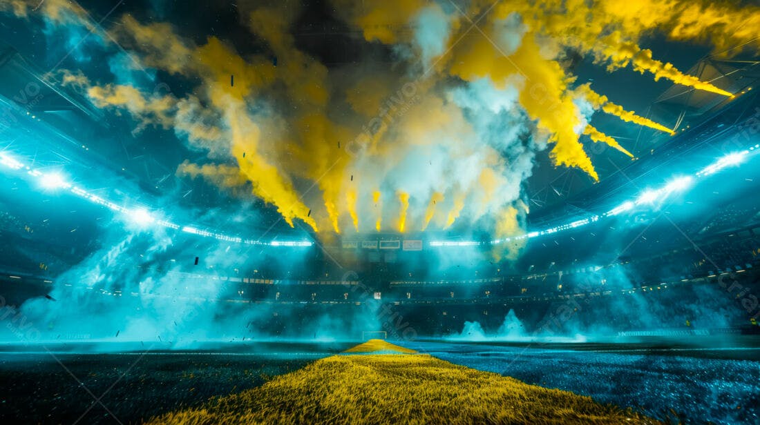 Estádio com fumaça amarela e azul