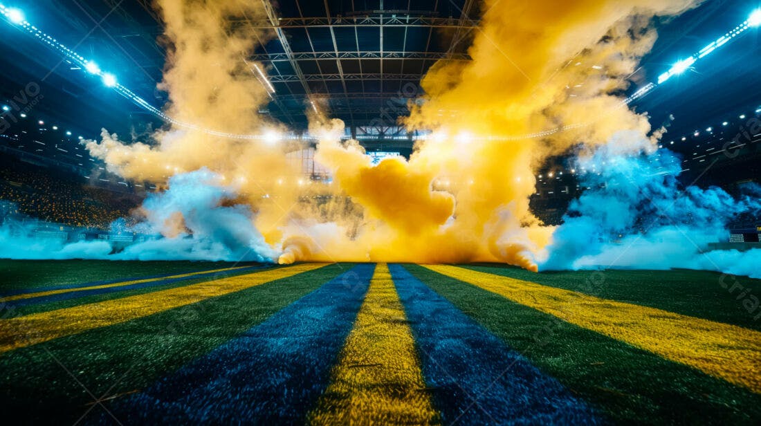 Estádio com fumaça amarela e azul jogo