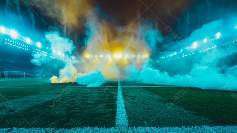 Estádio de futebol modernizado cheio de fumaça e iluminado por luzes