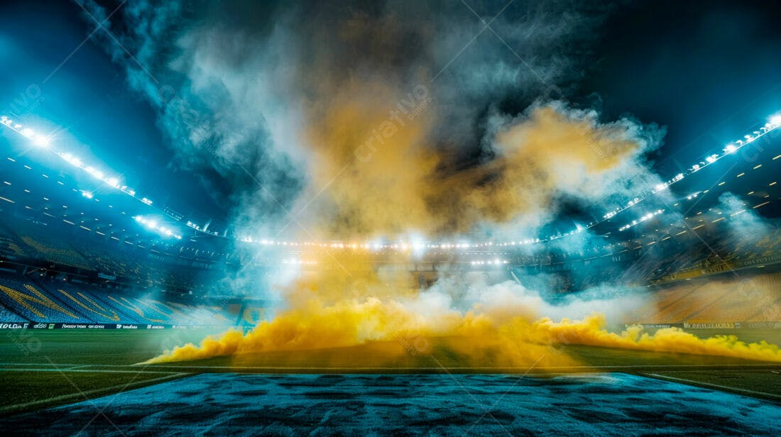 Estádio com fumaça amarela e azul
