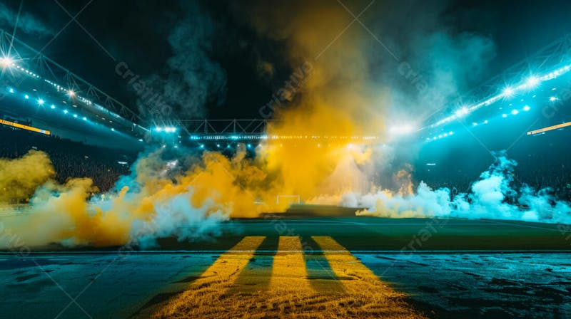 Estádio de futebol modernizado cheio de fumaça e iluminado por luzes