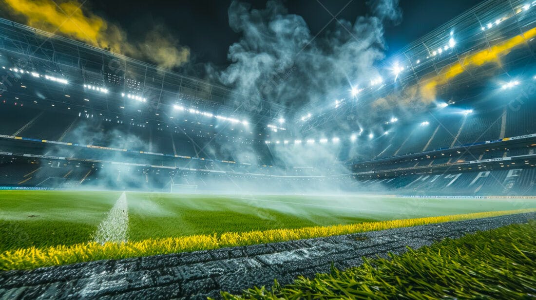 Estádio de futebol noturno com névoa