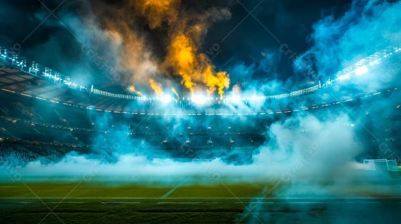 Estádio de futebol modernizado cheio de fumaça e iluminado por luzes