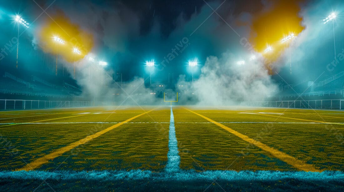 Campo de futebol americano noturno com névoa