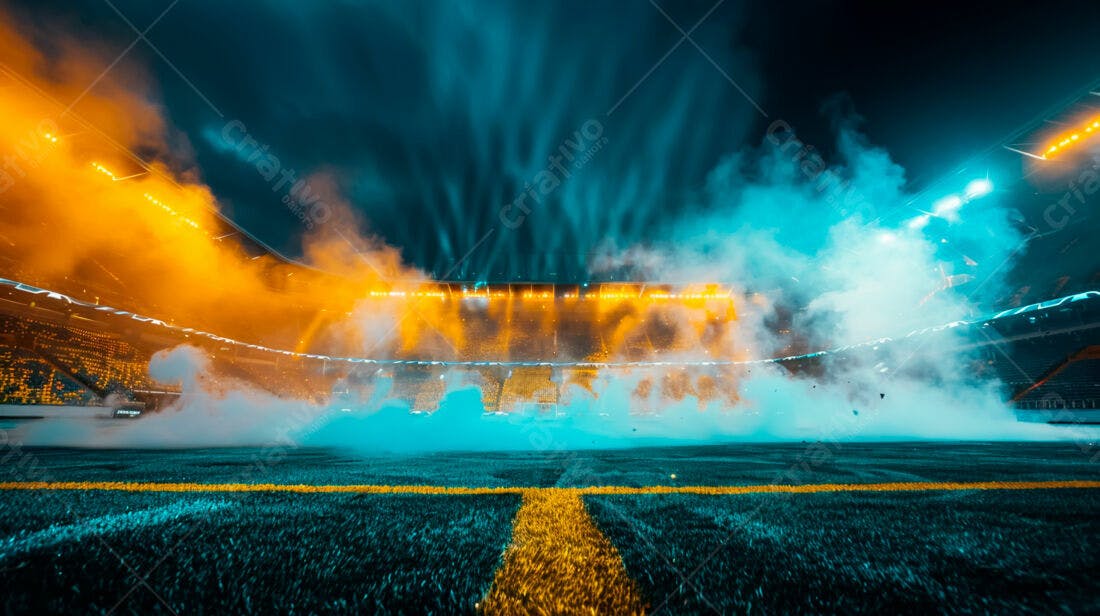 Estádio com fumaça azul e amarela