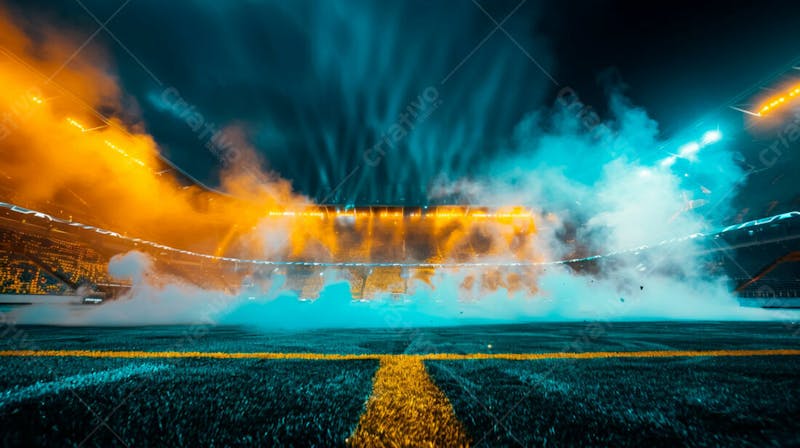 Estádio de futebol modernizado cheio de fumaça e iluminado por luzes