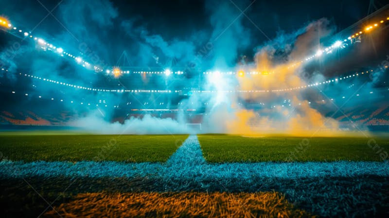 Estádio de futebol modernizado cheio de fumaça e iluminado por luzes