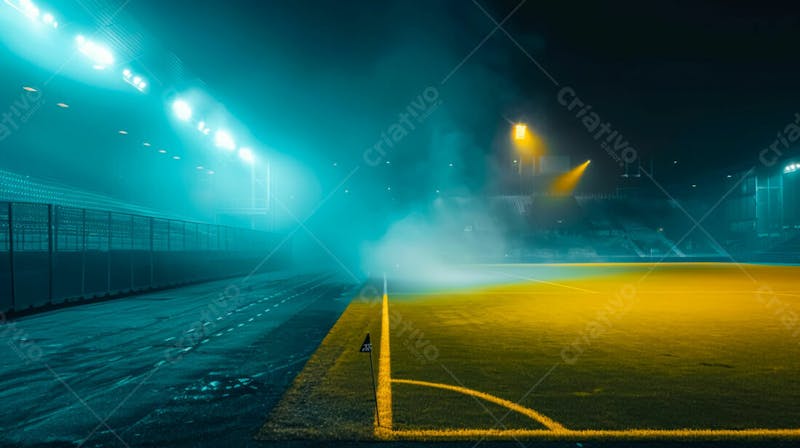 Estádio de futebol modernizado cheio de fumaça e iluminado por luzes