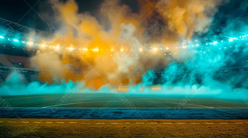 Estádio de futebol modernizado cheio de fumaça e iluminado por luzes