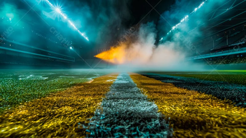 Estádio de futebol modernizado cheio de fumaça e iluminado por luzes