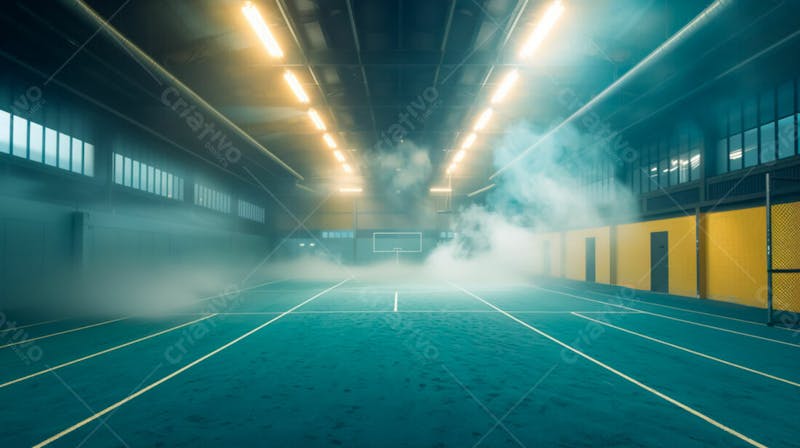 Estádio de futebol modernizado cheio de fumaça e iluminado por luzes