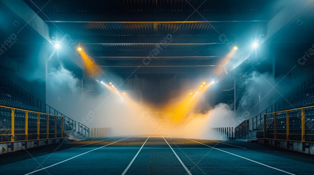 Estádio misterioso com névoa azul e amarela