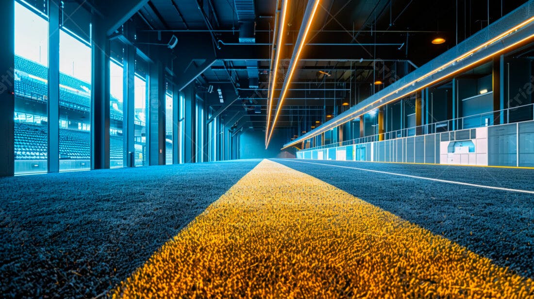Corredor azul e amarelo em estádio moderno