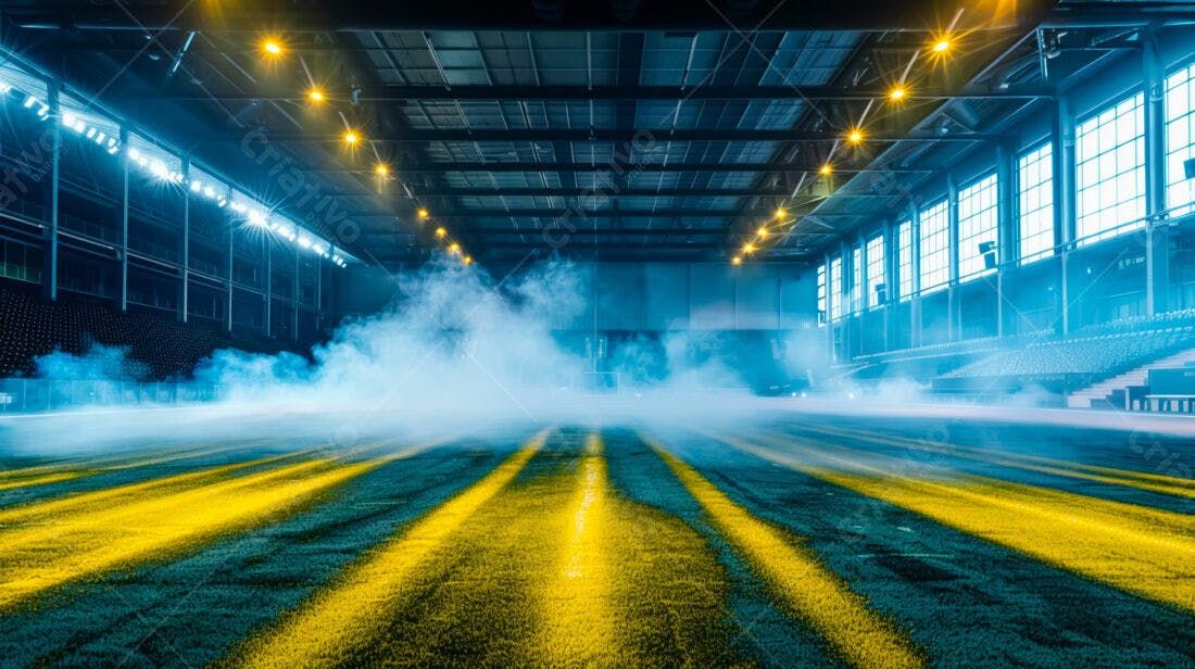 Campo de futebol indoor com névoa azul e amarela