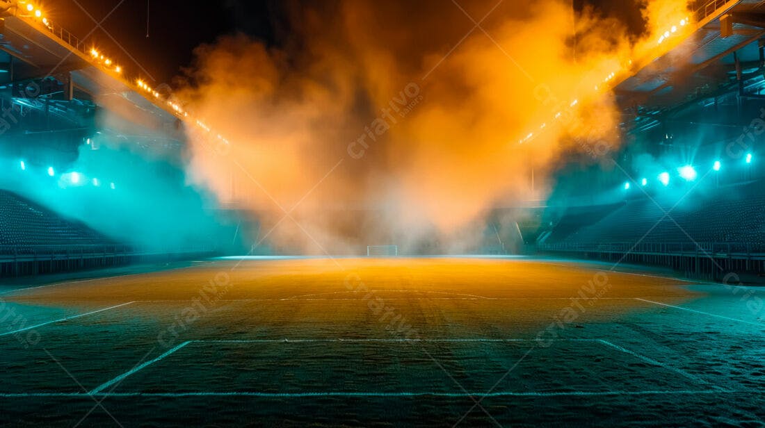 Estádio de futebol noturno com névoa
