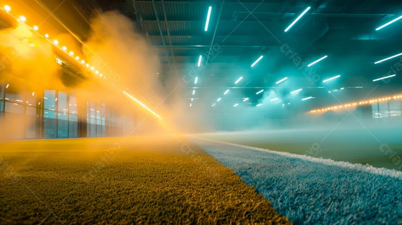 Estádio de futebol modernizado cheio de fumaça e iluminado por luzes