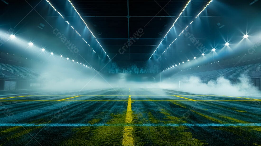 Campo de futebol noturno com névoa