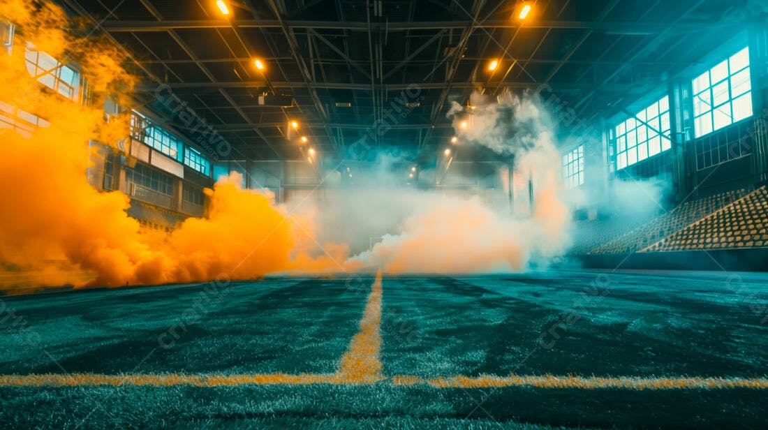 Campo de futebol com fumaça laranja e azul