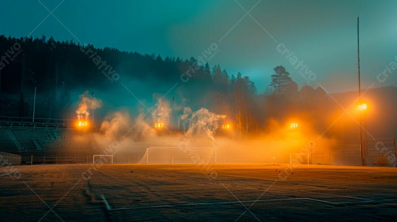 Estádio de futebol modernizado cheio de fumaça e iluminado por luzes