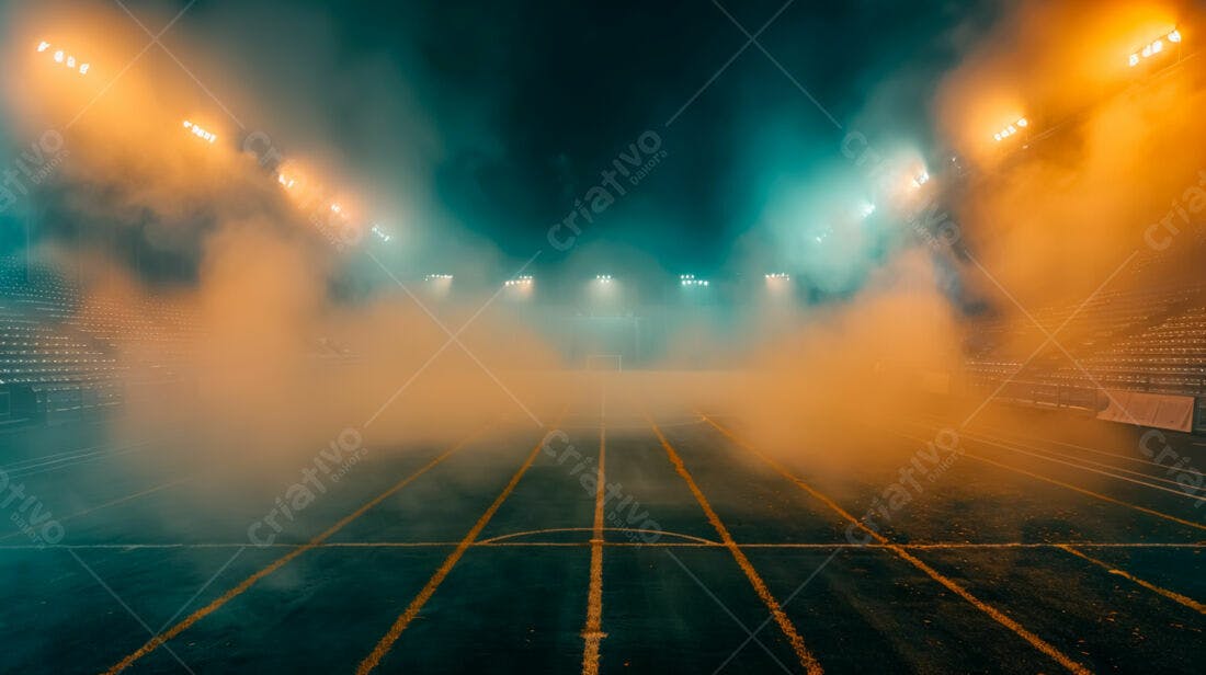 Campo de futebol noturno com névoa