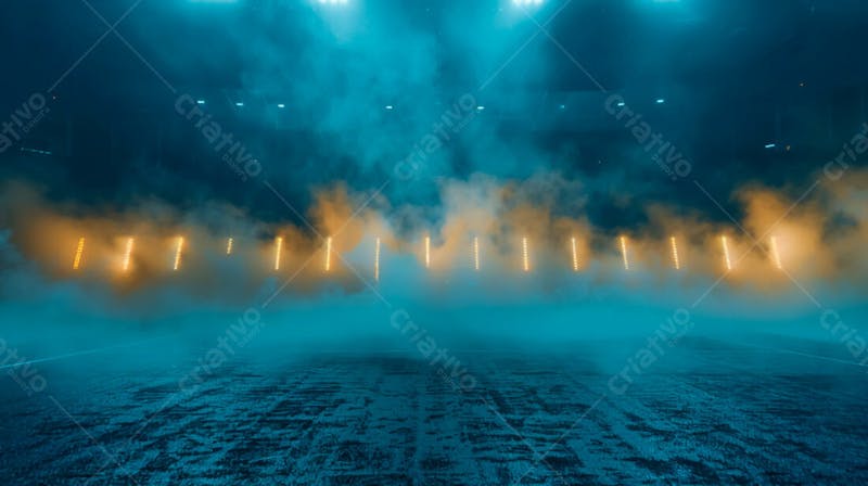 Estádio de futebol modernizado cheio de fumaça e iluminado por luzes