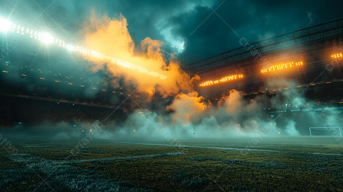 Estádio de futebol com fumaça laranja e luzes