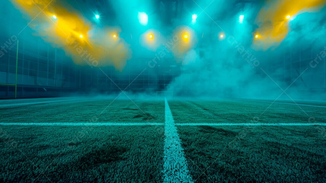 Campo de futebol americano noturno com névoa