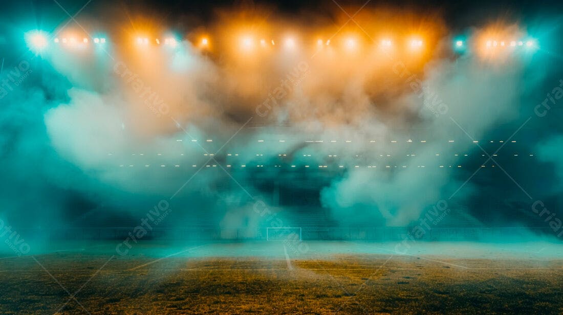 Campo de futebol noturno com fumaça