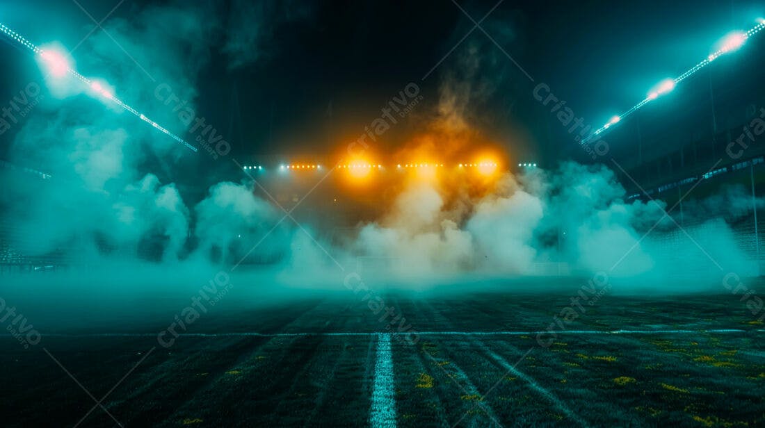 Campo de futebol noturno com fumaça