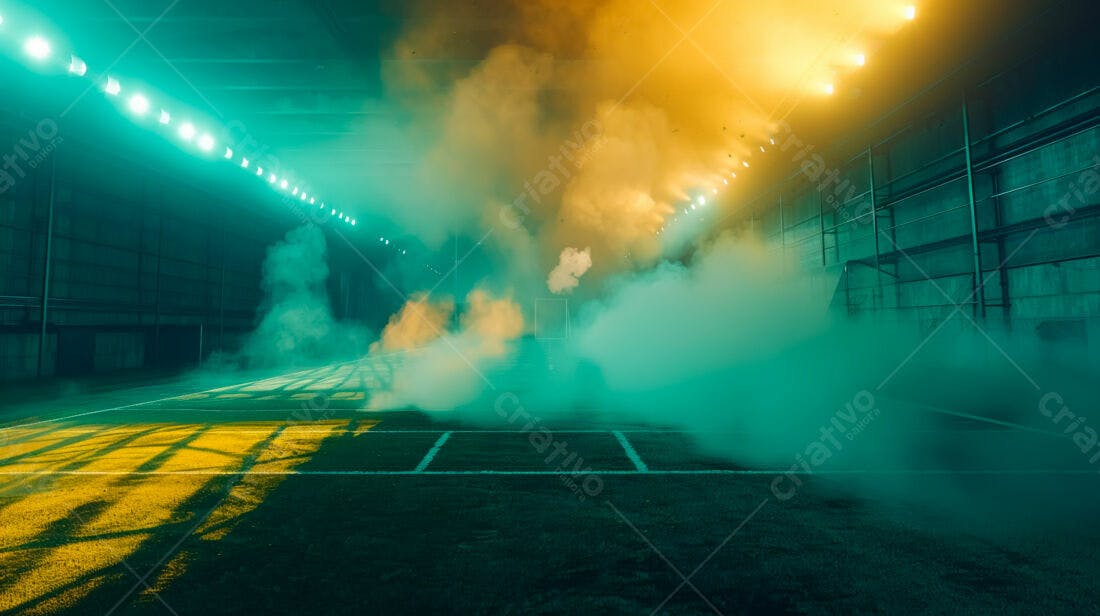 Campo de futebol com fumaça verde e amarela