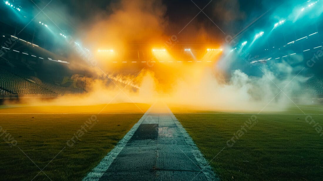Campo de futebol com nevoa e luzes